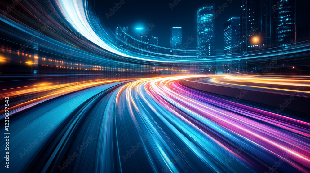 A high-speed space concept featuring accelerated motion blur of light rays in a dynamic abstract design, symbolizing technological advancement and futuristic science, with a modern minimalistic tone a