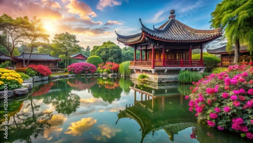 Ancient temple surrounded by vibrant flowers, serene water features and lush greenery in a peaceful Chinese garden, gardens, tranquil atmosphere