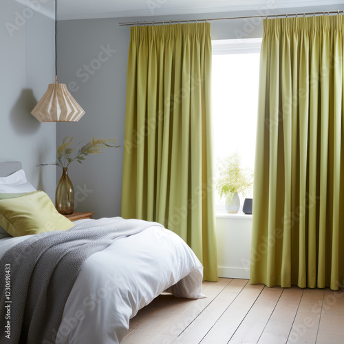Heavy fabric curtains in modern bedroom, white walls and wooden furniture, miminal interior design