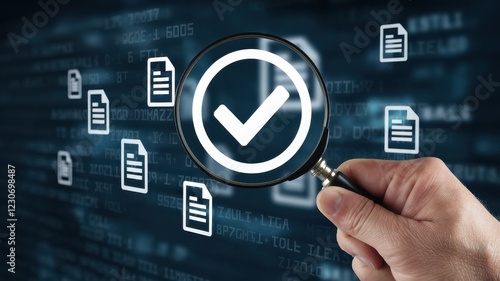 Wallpaper Mural Document Verification and Quality Control: Magnifying Glass and Check Mark on Digital Documents Torontodigital.ca