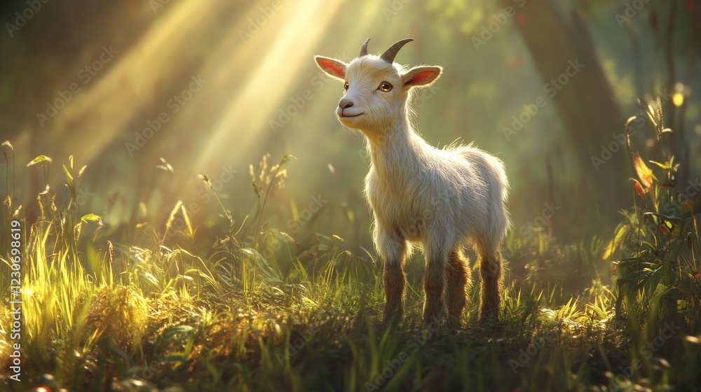 A goat is standing in a field of grass A goat is standing in a field of grass