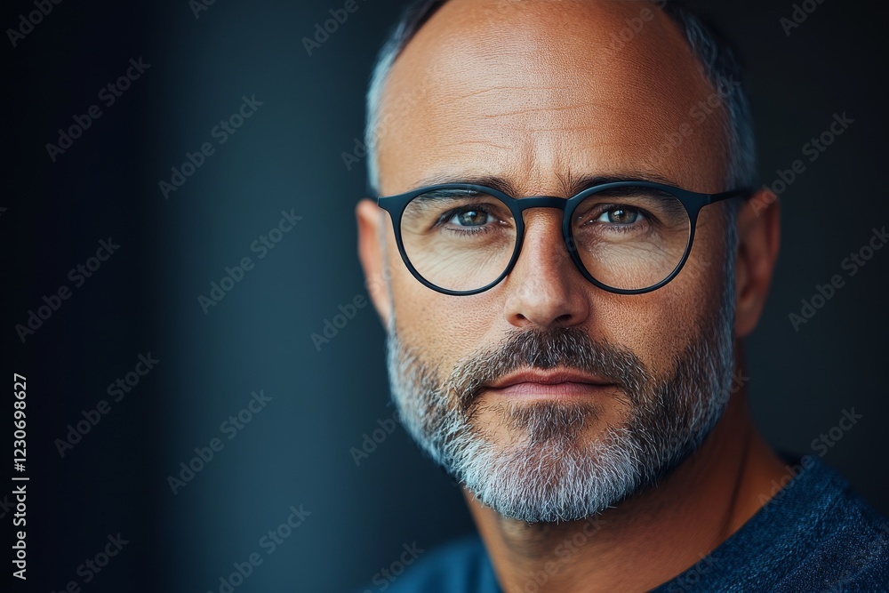 Mature man with beard and glasses looking confidently at the camera in a softly lit indoor setting Mature man with beard and glasses looking confidently at the camera in a softly lit indoor setting