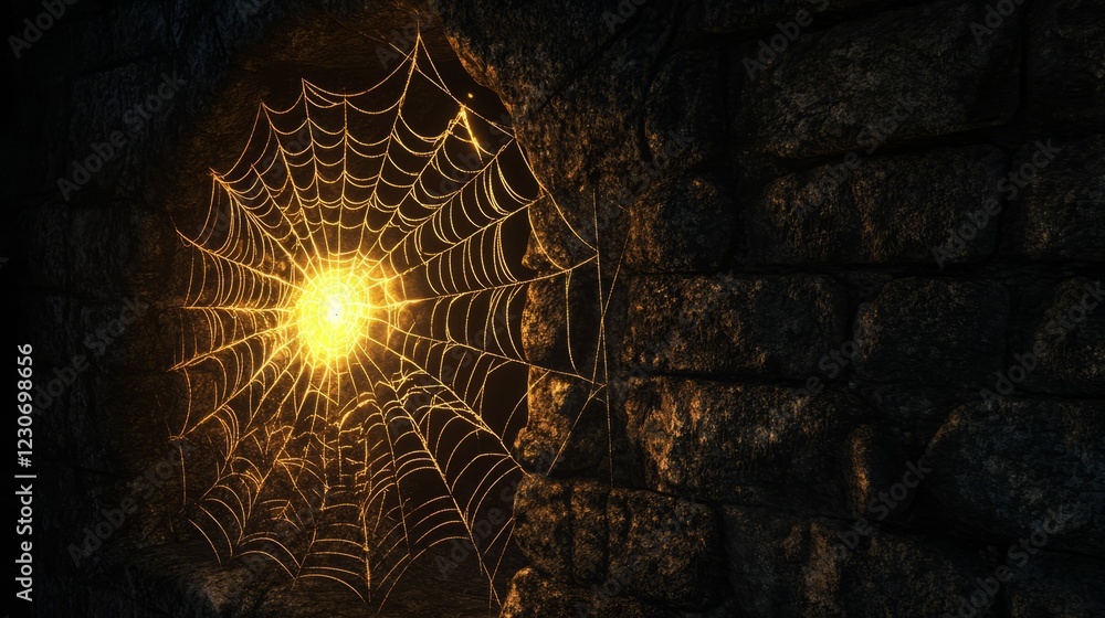 Obraz premium A spider web is shown in a dark room. The web is illuminated by a light. The web is in the center of the image