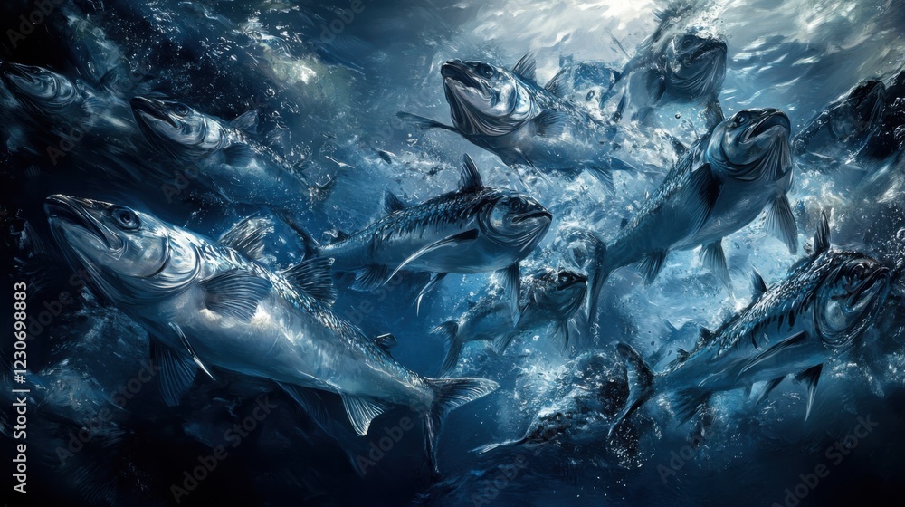 Fototapeta premium Dynamic underwater scene showcasing a school of fish swimming energetically in ocean depths