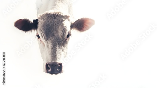 Close-up portrait of a light-colored cow against a bright background. photo