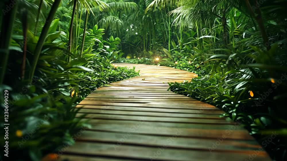 Winding wooden path through lush green tropical forest with vibrant foliage and soft ambient light Winding wooden path through lush green tropical forest with vibrant foliage and soft ambient light