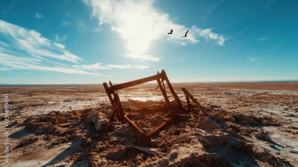 An abandoned structure lies in a parched landscape under a bright sun, representing the impacts of environmental change and evoking feelings of solitude and loss. An abandoned structure lies in a parched landscape under a bright sun, representing the impacts of environmental change and evoking feelings of solitude and loss.