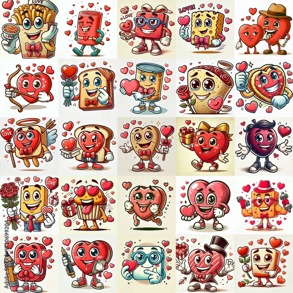 Obraz premium Funny cartoon hearts mascots. Valentines day concept.. AI generated illustration
