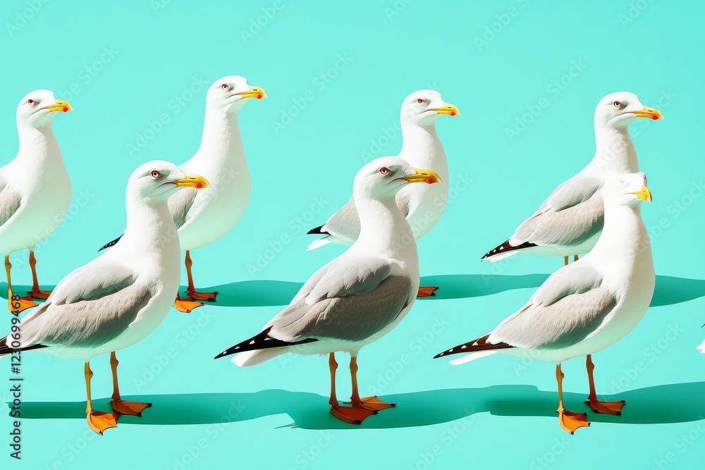 Fototapeta premium Seagulls standing gracefully against a vibrant turquoise background in midday light
