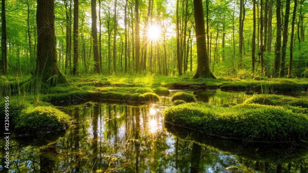 Fototapeta premium Sunbeams illuminate a lush green forest with moss-covered rocks and a calm stream reflecting the sunlight.