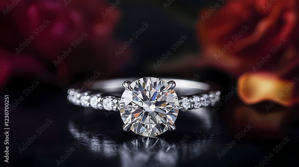 Diamond solitaire against black background with a diamond shape visible in the depth of field, depth of field, diamond shape, faceted diamond. Crystal Fields. Illustration Diamond solitaire against black background with a diamond shape visible in the depth of field, depth of field, diamond shape, faceted diamond. Crystal Fields. Illustration