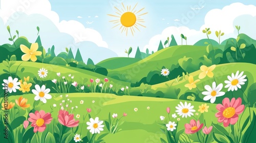 Sunny Springtime Meadow Landscape With Blooming Flowers
