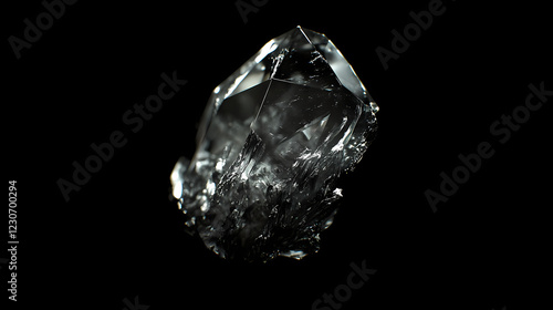 Diamond solitaire against black background with a diamond shape visible in the depth of field, depth of field, diamond shape, faceted diamond. Crystal Fields. Illustration photo