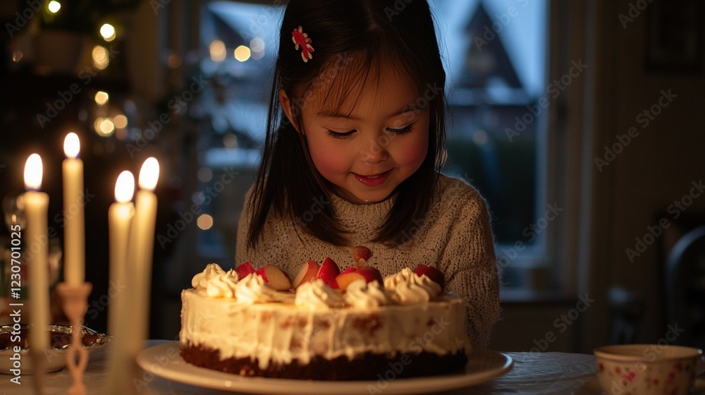 A young girl is seated before a decorated cake adorned with strawberries atop a lit candle A young girl is seated before a decorated cake adorned with strawberries atop a lit candle