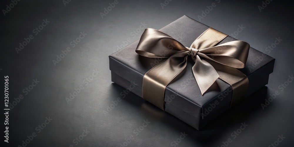 Fototapeta premium Elegant Black Gift Box with Ribbon on Dark Background, dark decor