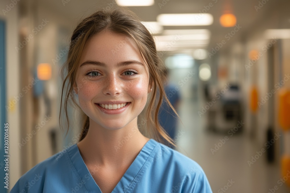 Fototapeta premium Smiling healthcare worker in blue scrubs in hospital corridor during daytime