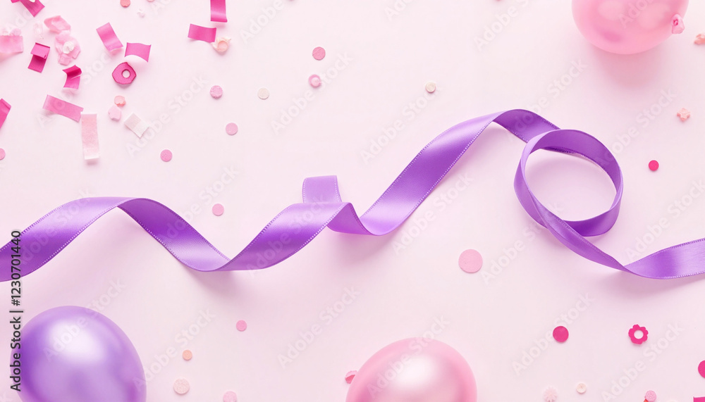 Fototapeta premium Playful purple ribbon spirals with pastel balloons and confetti, celebration, Purple Ribbon, International Women’s Day 
