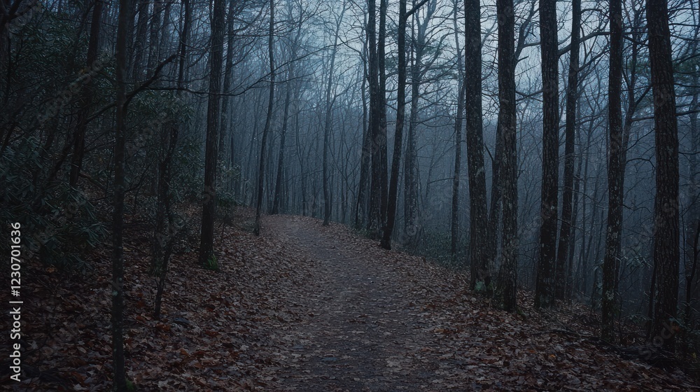 Fototapeta premium Misty forest trail winding through bare trees.