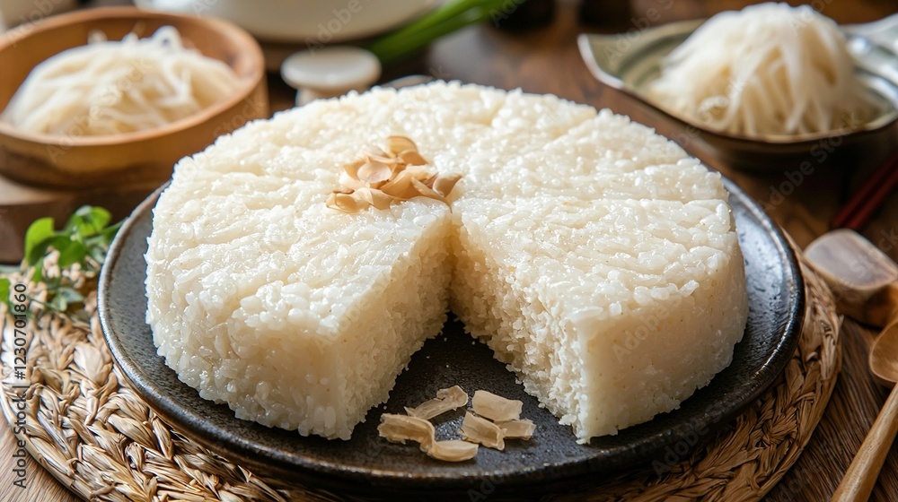 A close-up of a cake on a plate on a table with chopsticks and bowls of food in the background A close-up of a cake on a plate on a table with chopsticks and bowls of food in the background