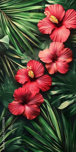 Bright red hibiscus flowers beautifully contrasted with lush green tropical leaves, creating a vibrant and exotic natural scene.
