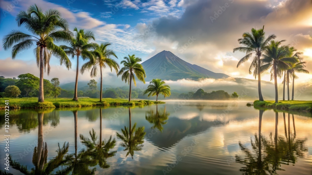 Obraz premium Palm trees, misty morning, serene lake Arenal