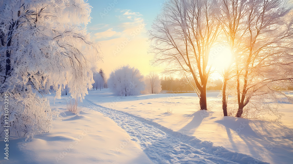 Sunlit winter landscape with snow-covered trees and path. Crystal Fields. Illustration Sunlit winter landscape with snow-covered trees and path. Crystal Fields. Illustration