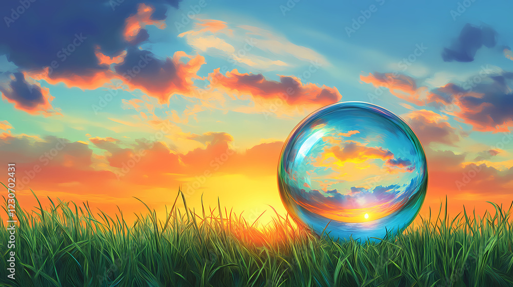 Sunset reflected in a crystal ball on grass. Crystal Fields. Illustration Sunset reflected in a crystal ball on grass. Crystal Fields. Illustration