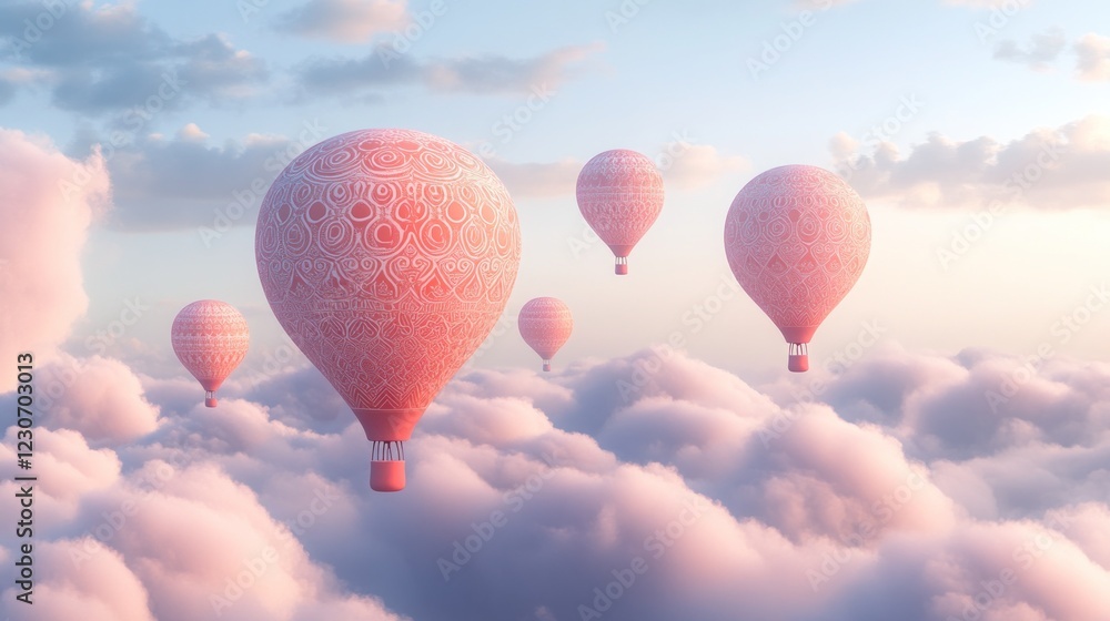 Fototapeta premium Pink Hot Air Balloons Soaring Above Cloudscape