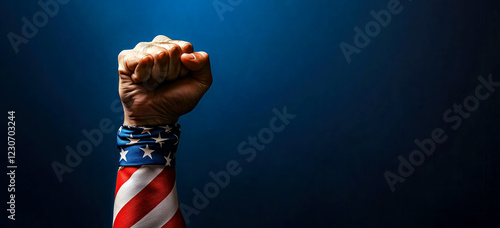 Raised Fist Wrapped in American Flag Against Deep Blue Background photo