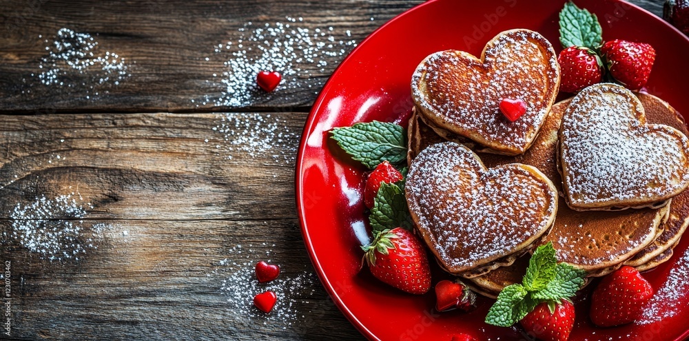 A red plate adorned with heart-shaped hot cakes is perfect for commemorating Valentine's Day, anniversaries, mother's day, or birthdays A red plate adorned with heart-shaped hot cakes is perfect for commemorating Valentine's Day, anniversaries, mother's day, or birthdays