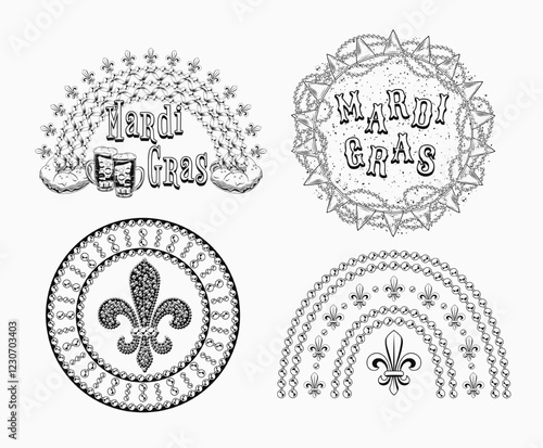 Carnival Mardi Gras labels with beaded rainbow, king cake, beads, fleur de lis symbol, text. Black and white illustrations on white background. For prints, clothing, t shirt, holiday design