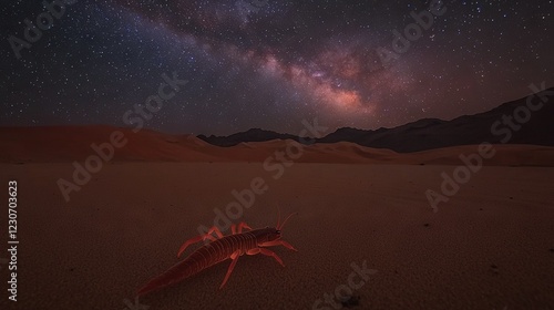   A large, red insect rests atop a sandy beach beneath a star-filled night sky and the milkiness of the cosmos