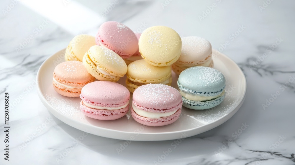 A plate of delicate macarons in pastel colors, carefully arranged in a circular pattern on a white marble slab, Circular arrangement A plate of delicate macarons in pastel colors, carefully arranged in a circular pattern on a white marble slab, Circular arrangement