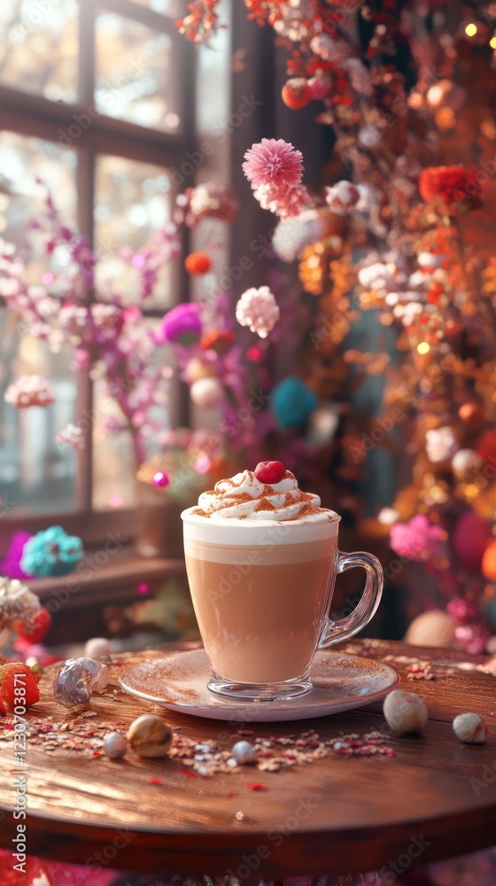 Festive latte, window, autumn decor, magical scene, holiday drink Festive latte, window, autumn decor, magical scene, holiday drink