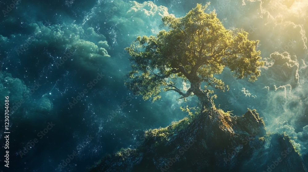 Fototapeta premium Majestic Tree on a Cliff Underneath a Mystical Sky