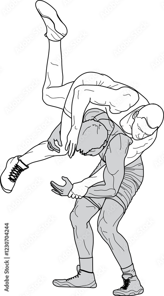 Naklejka premium WRESTLING 1 line drawing illustration, WRESTLERS, Greco roman, freestyle, classical, duel, fight, sketch, outline, clear transparent PNG, logo, white, grey