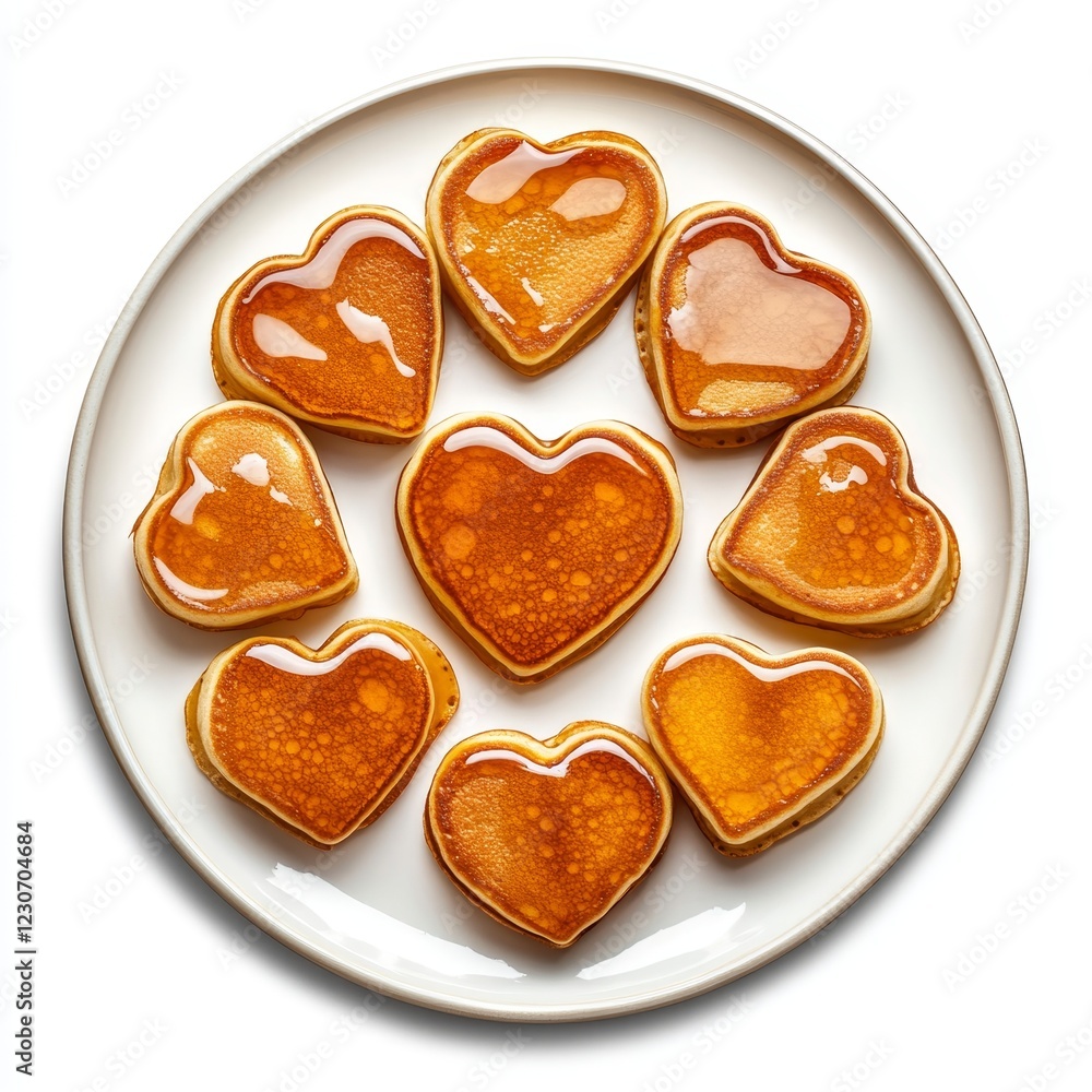 Fluffy pancakes topped with heart-shaped syrup on a white background, isolated as PNG Fluffy pancakes topped with heart-shaped syrup on a white background, isolated as PNG