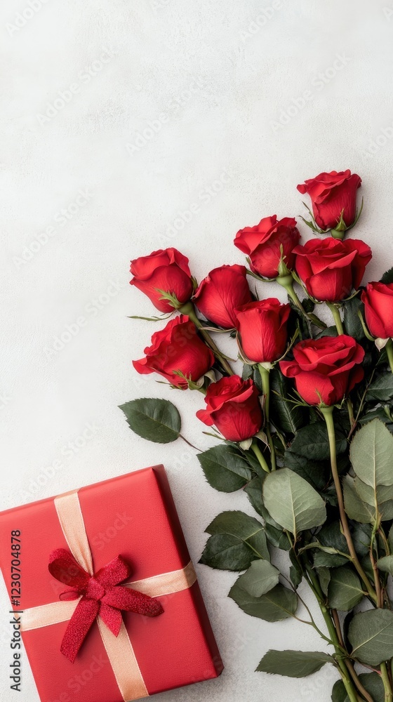 Red roses arranged elegantly in a gift box sit on a table, enhancing the charm of a modern living room with a blurred background Red roses arranged elegantly in a gift box sit on a table, enhancing the charm of a modern living room with a blurred background