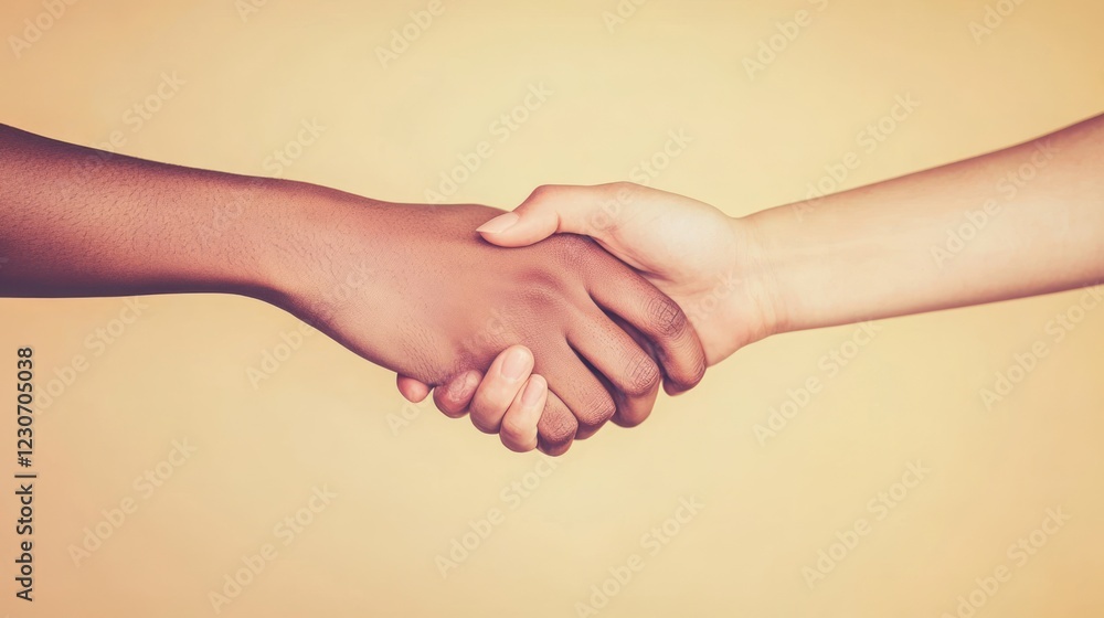 Two hands of different skin tones clasped in a handshake Two hands of different skin tones clasped in a handshake