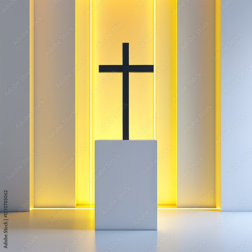 Easter themed product display podium background, Minimalist cross design, geometric cross, soft white, pastel yellow, symbolize the resurrection, ad, podium platform, product presentation space