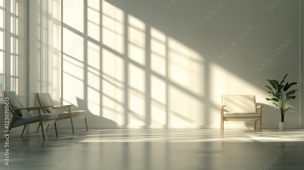 Sunlit Room With Modern Chairs And Plant Sunlit Room With Modern Chairs And Plant