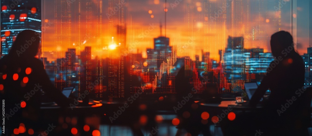 Fototapeta premium Business professionals collaborating in a modern office with a sunset city skyline backdrop
