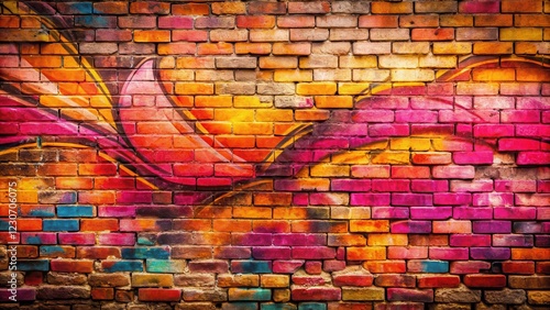 Vibrant graffiti on a weathered brick wall with shades of pink and orange hues, blending with the aged stone texture, mural art, colorful graffiti