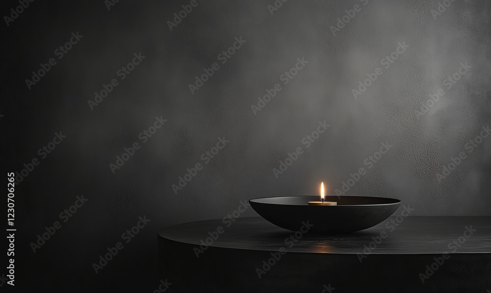 Lit candle in a black bowl on a dark table against a textured black background. Lit candle in a black bowl on a dark table against a textured black background.