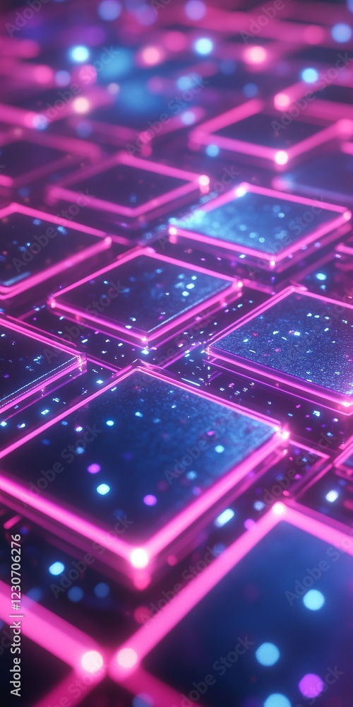 Fototapeta premium Futuristic Neon Grid with Glowing Squares and Digital Particles in a Vibrant Abstract Background