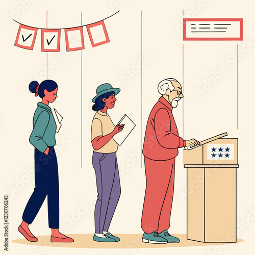 People voting in elections, black and white and colored designs