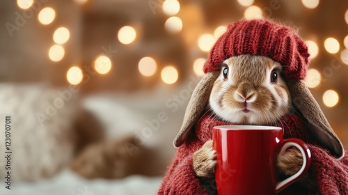 A cute bunny, cozy in a knitted hat, holds a blue mug against a vibrant blue backdrop, evoking feelings of happiness and warmth in a whimsical and playful setting. photo