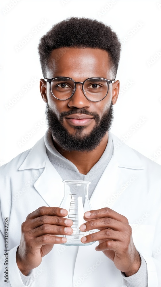 Black male scientist analyzing a beaker in a laboratory setting with a white background Black male scientist analyzing a beaker in a laboratory setting with a white background