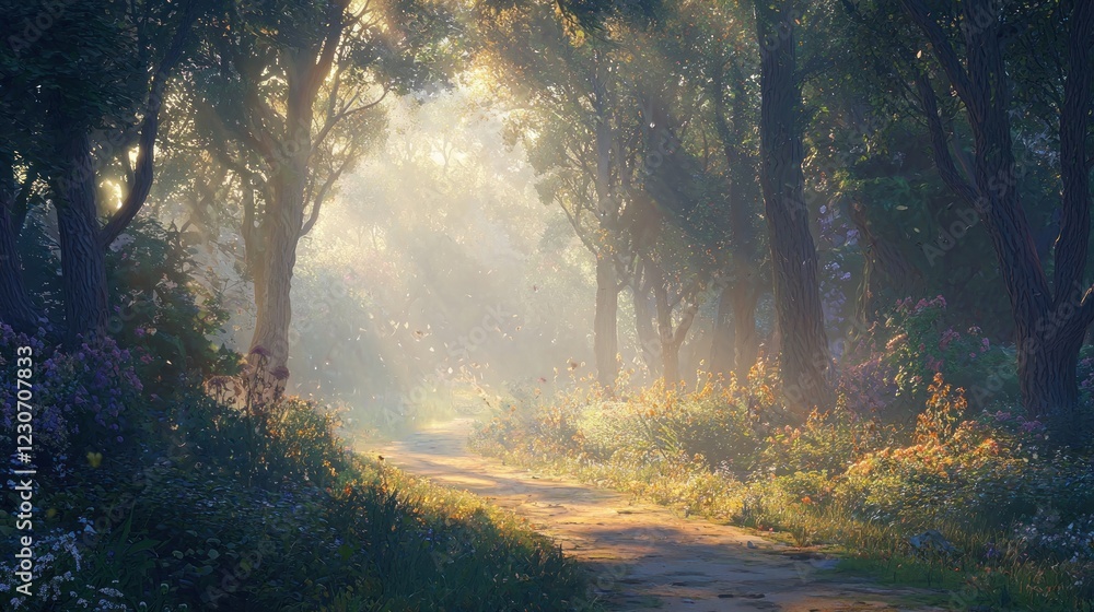 Obraz premium Sunlit path through a misty, floral forest.