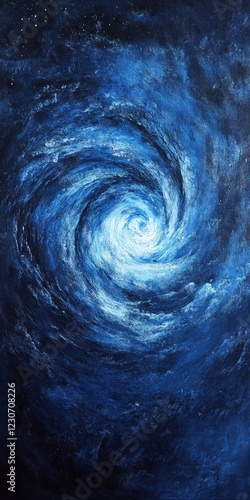 A painting of a spiral galaxy with blue and white colors. The painting is framed and is hanging on a wall